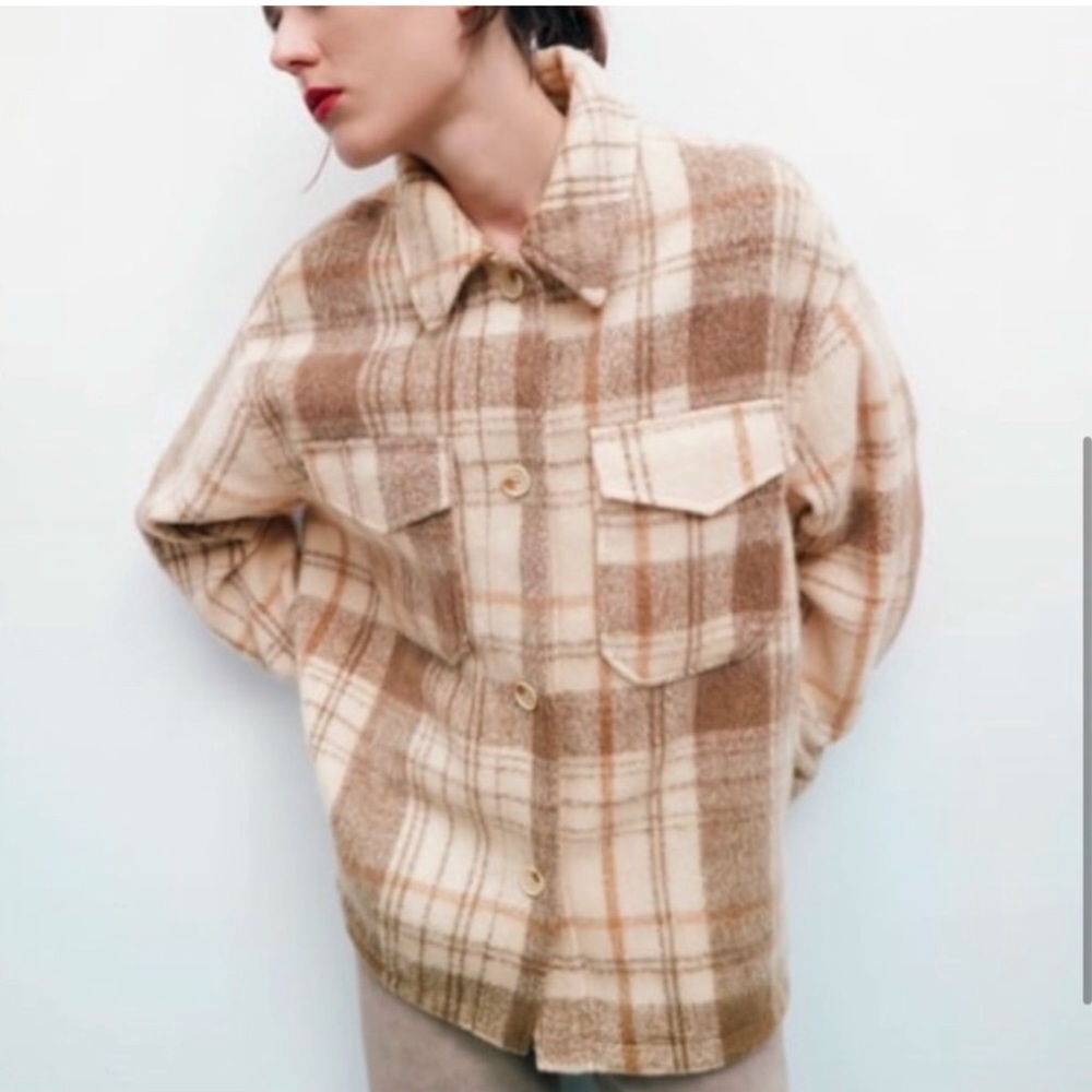 Zara Plaid Button-Up Jacket / Shaket in Beige and Brown